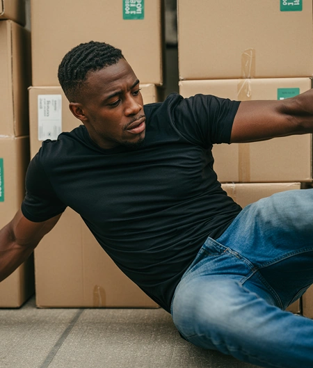 A black man who had a fall with some boxes in the background