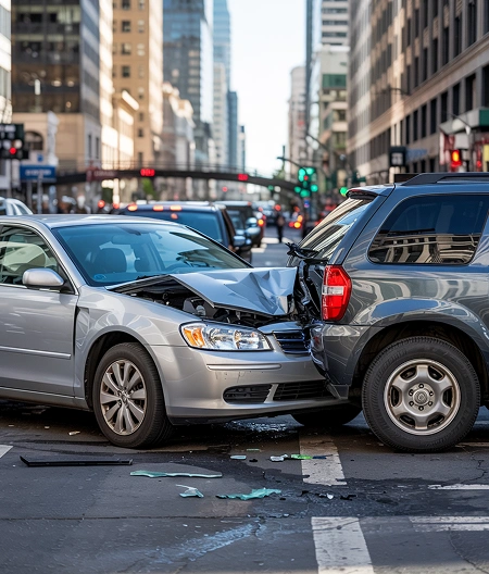 A silver sedan with a crumpled front end after crashing into the back of a gray SUV on a city street.